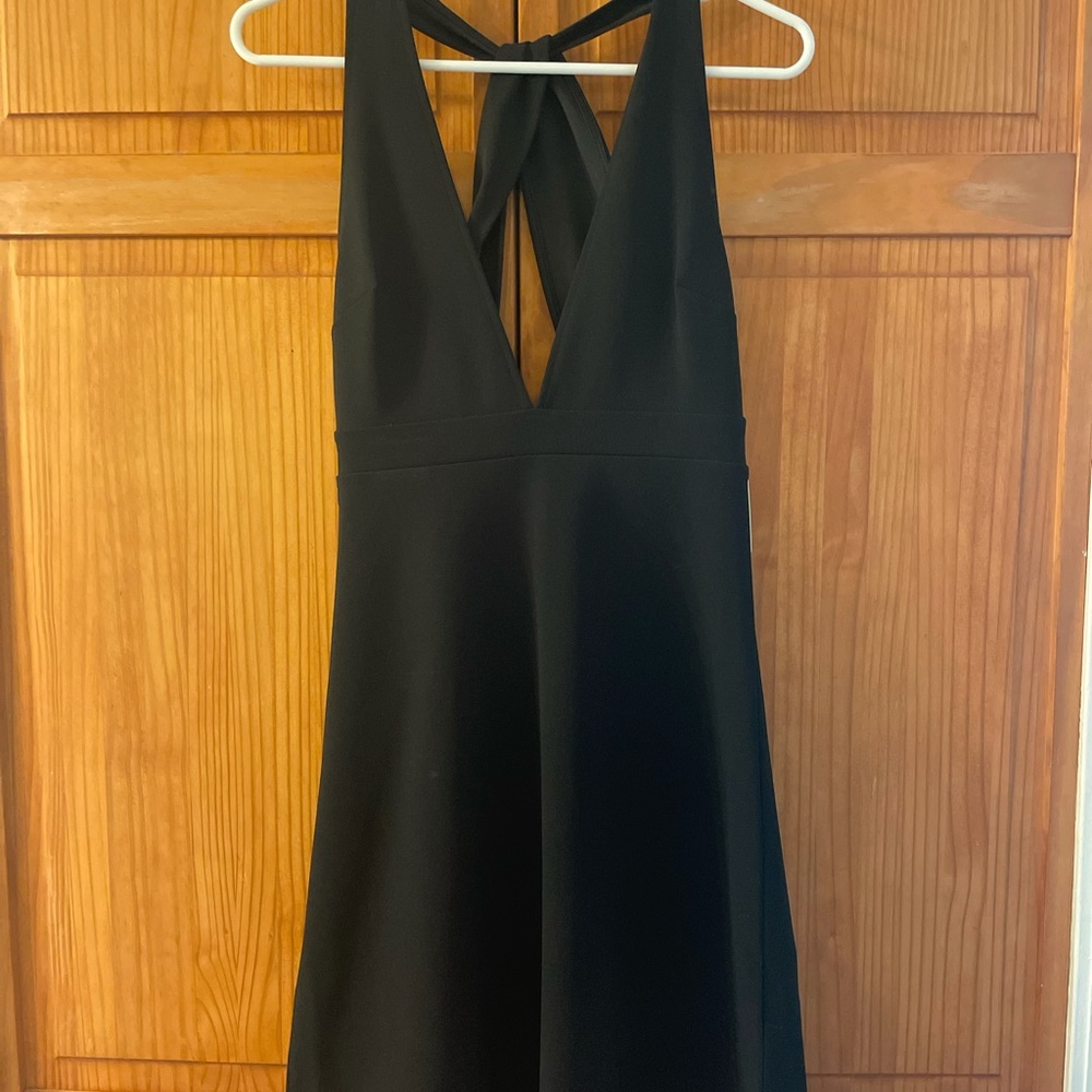 Express Short, plunge neck, cross back black dress